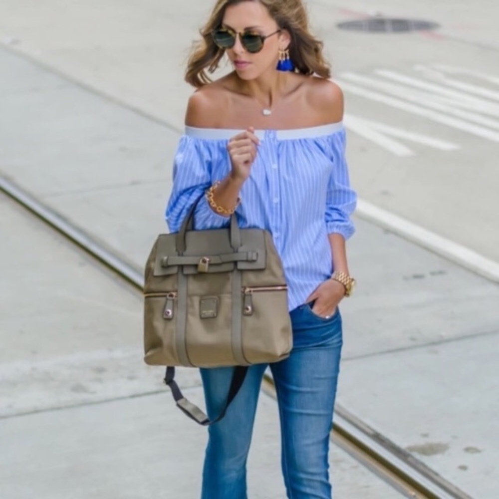 Off Shoulder Pinstripe Button Blouse - Picture 3 of 6